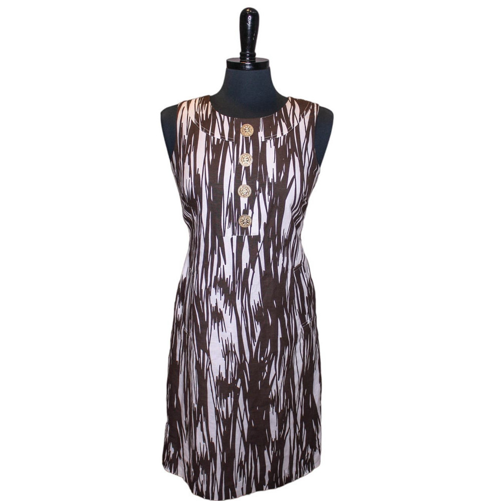 Calvin Klein Sheath Dress Sleeveless Brown White Linen Blend Pockets